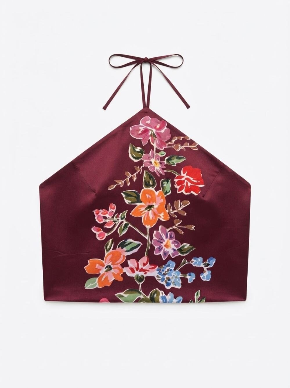 MNG by Mango Floral Satin Halter Top Women Free Size Burgundy Tie Neck Y2K Boho